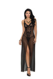 Elegant Moments Long Mesh Gown Features Front Slit, Satin Bows And Front Lace Panel With Lace Cups And Adjustable Straps, Matching Mesh G-string Included