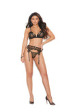 Elegant Moments Satin And Eyelash Lace Bra With Underwire Cups, V Wire, Strappy Front Detail, Adjustable Straps And Hook And Eye Back Closure, Matching Garter Belt With Adjustable Garters And Hook And Eye Back Closure, Matching G-string Included