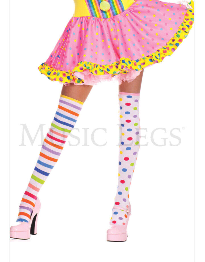 Rainbow Striped amd Polka Dot Thigh High Dtocking Socks Pair Ravewear Dancewear
