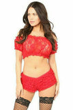 Red Sheer Lace Short Sleeve Peasant Top