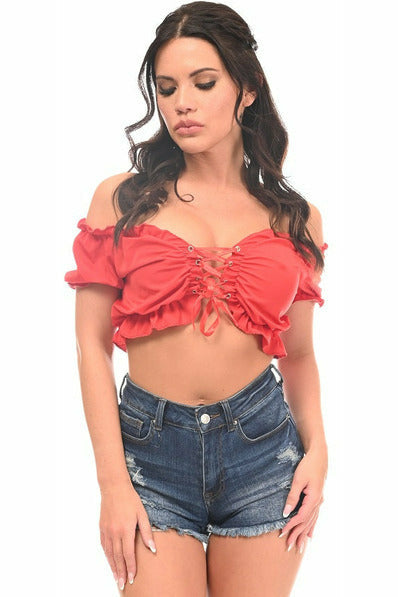 Red Lycra Lace-Up Front Peasant Top - Lust Charm 