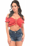 Red Lycra Lace-Up Front Peasant Top - Lust Charm 