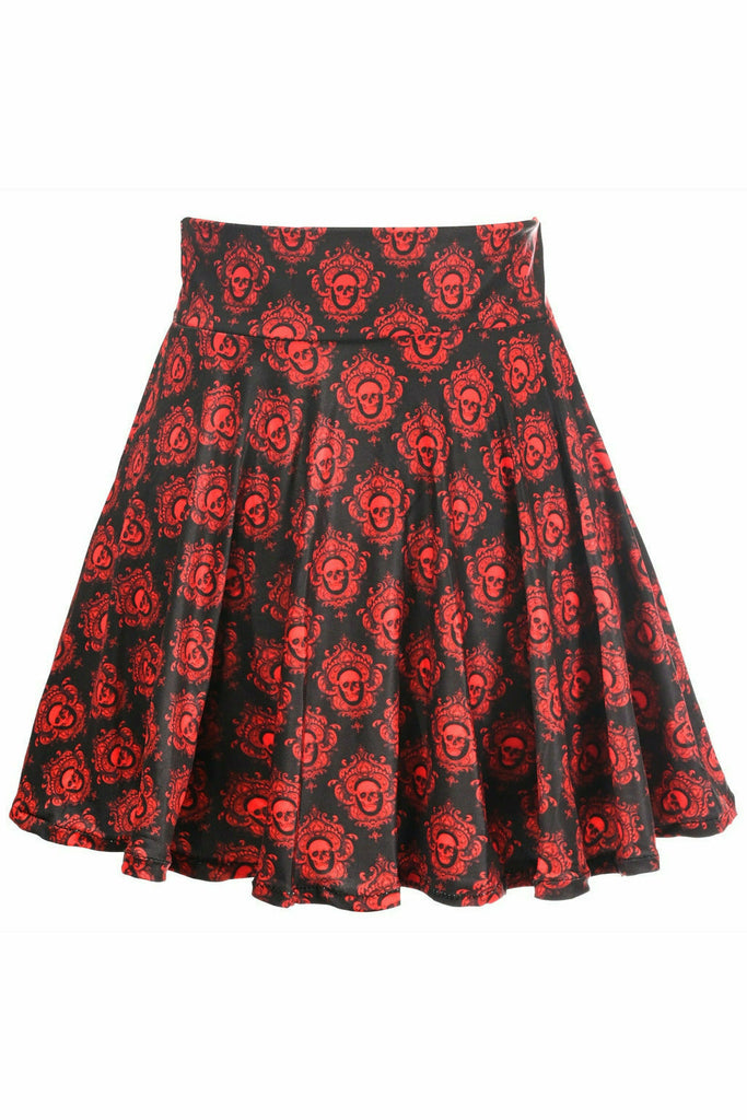 Black & Red Skulls Stretch Lycra Skirt - Lust Charm 