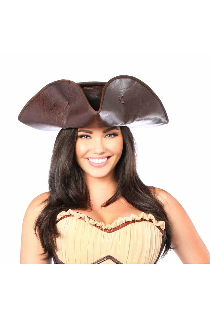 Dark Brown Distressed Faux Leather Pirate Hat - Lust Charm 