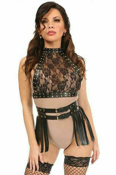 Black & Gold Vegan Leather & Lace Body Harness - Daisy Corsets
