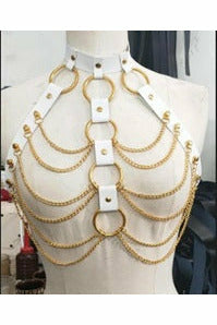 White & Gold Faux Leather Body Harness - Lust Charm 