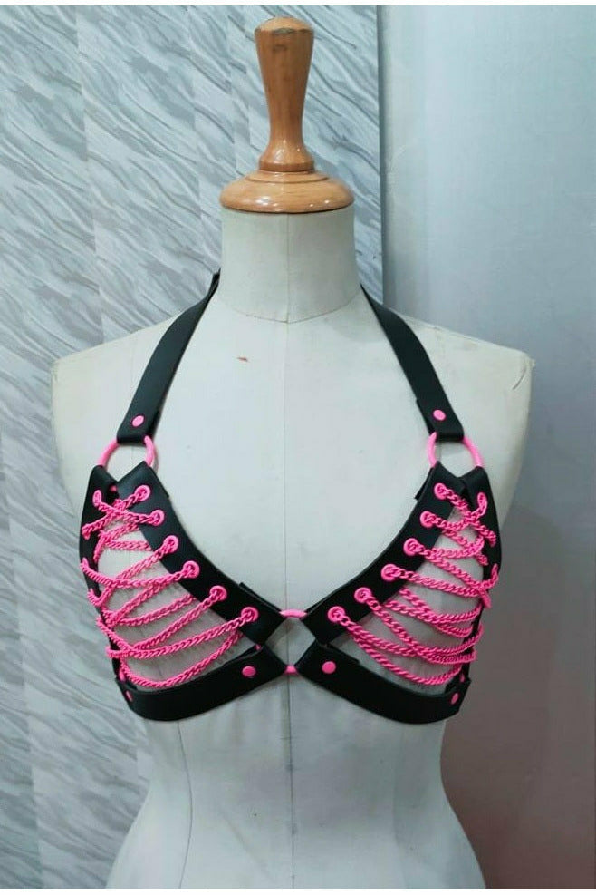 Candy Collection - Pink Chain Lace-Up Bra Top Harness - Lust Charm 