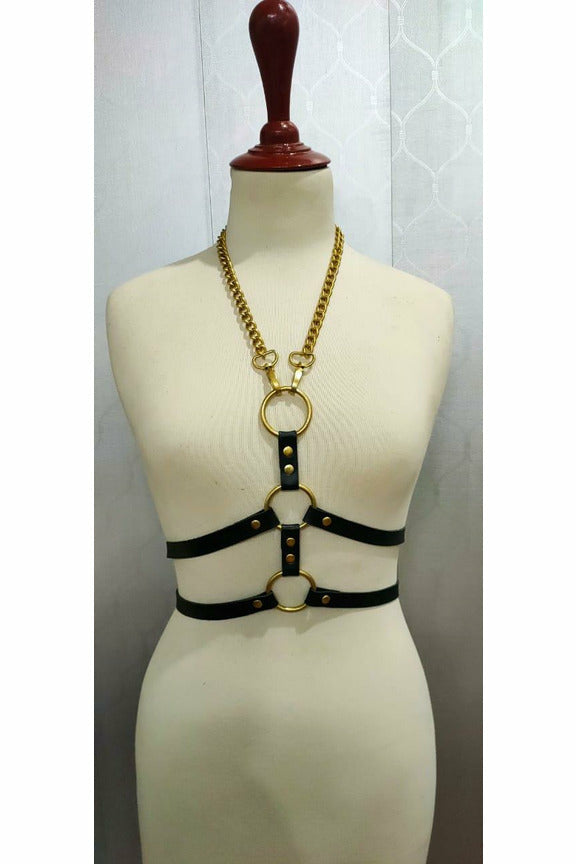Black & Gold Faux Leather Harness - Lust Charm 