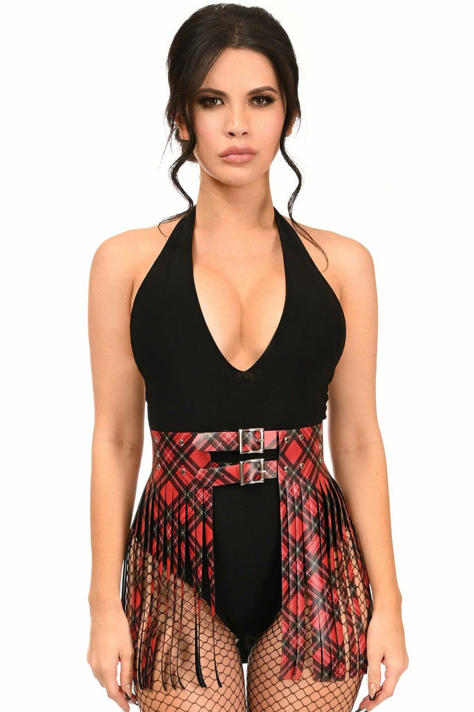 Red Plaid Faux Leather Fringe Skirt - Lust Charm 