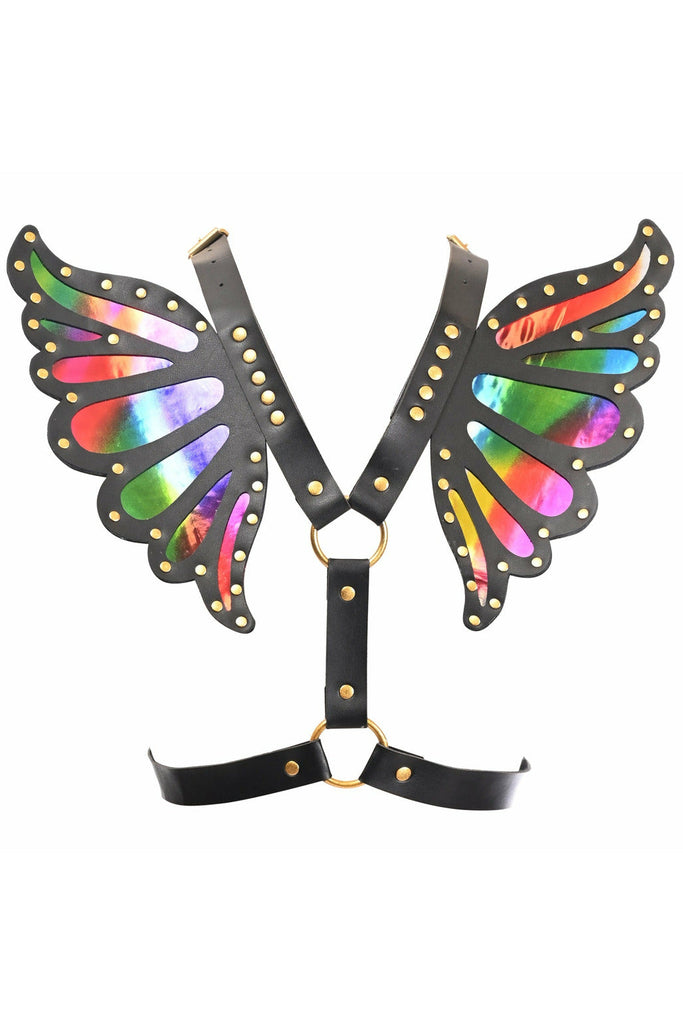 Black Faux Leather & Rainbow Holo Butterfly Wing Harness - Lust Charm 