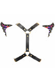 Black Faux Leather & Rainbow Holo Butterfly Wing Harness - Lust Charm 
