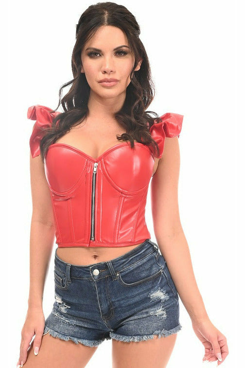 Lavish Red Faux Leather Bustier Top w/Ruffle Sleeves - Lust Charm 