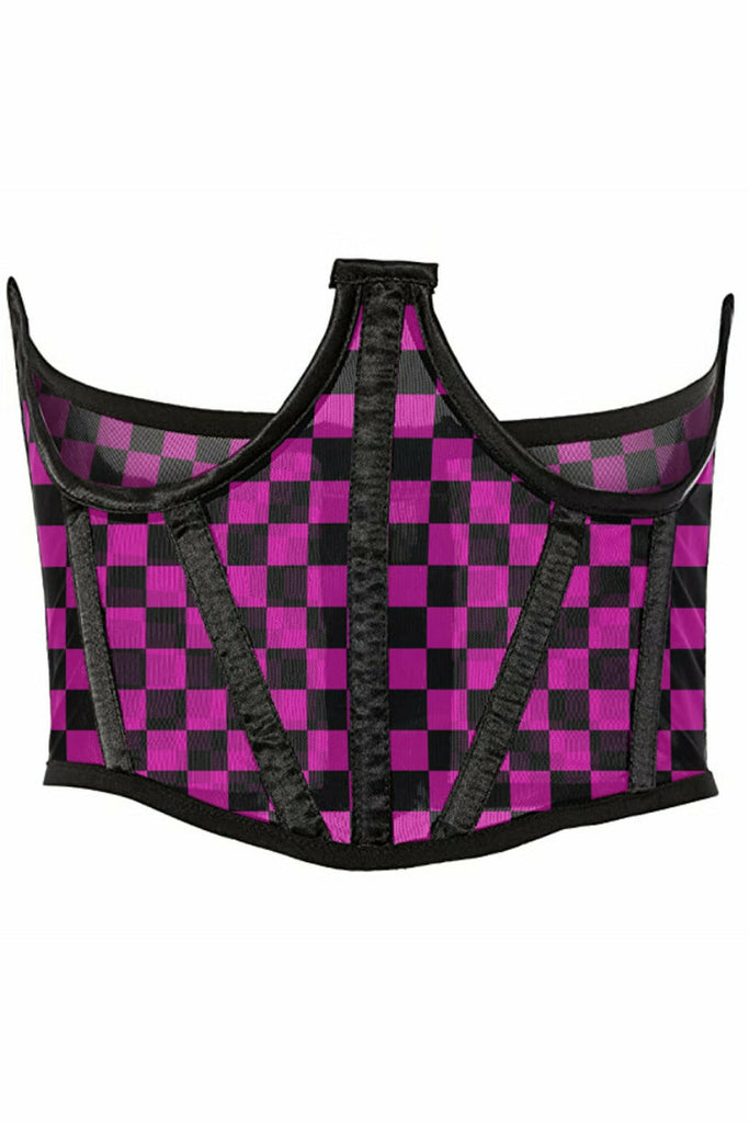 Lavish Neon Pink/Black Checker Print Mesh Open Cup Waist Cincher - Lust Charm 