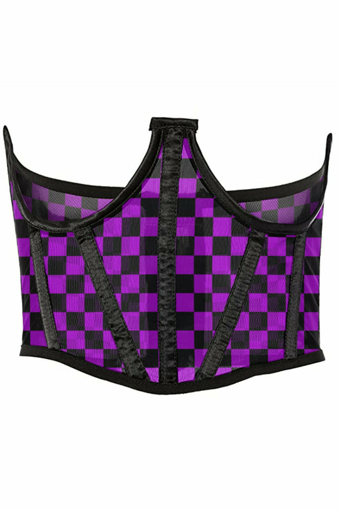 Lavish Neon Purple/Black Checker Print Mesh Open Cup Waist Cincher - Lust Charm 