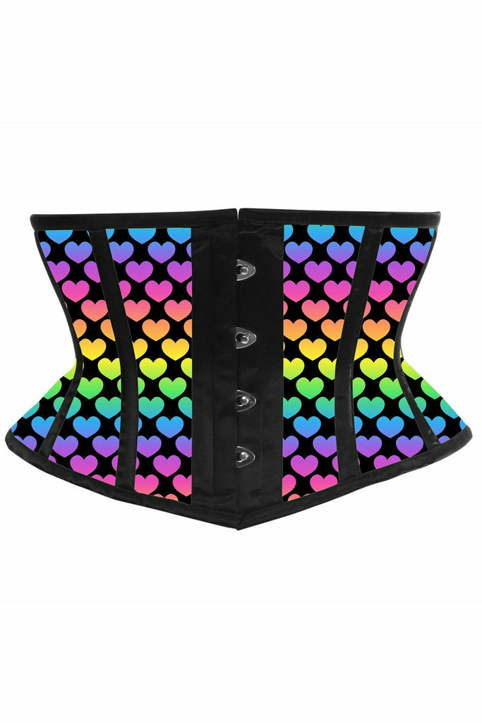 Lavish Rainbow Hearts Print Satin Mini Cincher Corset - Lust Charm 