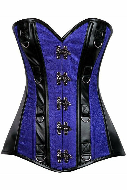 Top Drawer Royal Blue Brocade & Faux Leather Steel Boned Corset - Lust Charm 