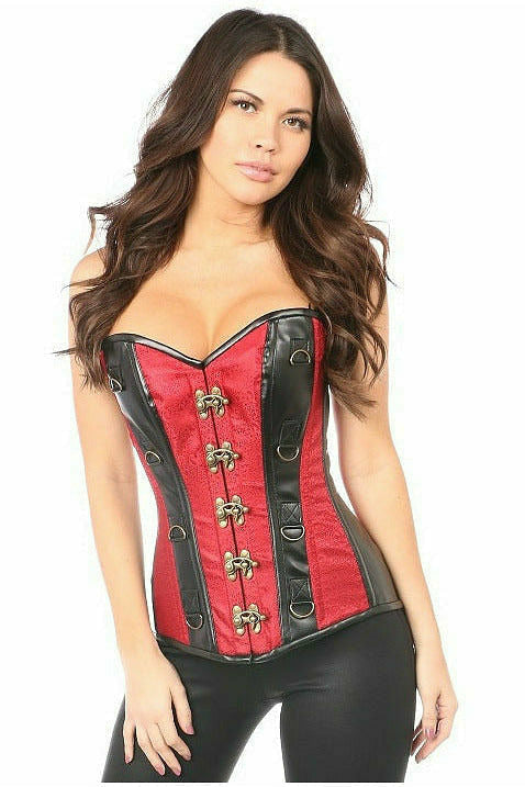 Top Drawer Wine Brocade & Faux Leather Steel Boned Corset - Lust Charm 