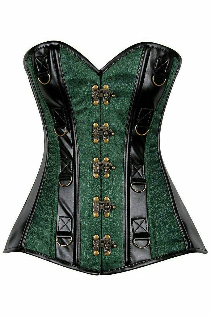 Top Drawer Dark Green Brocade & Faux Leather Steel Boned Corset - Daisy Corsets