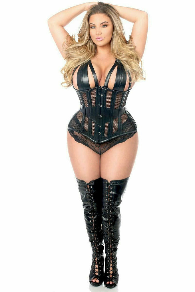 Top Drawer Faux Leather & Fishnet Steel Boned Halter Top Corset - Daisy Corsets