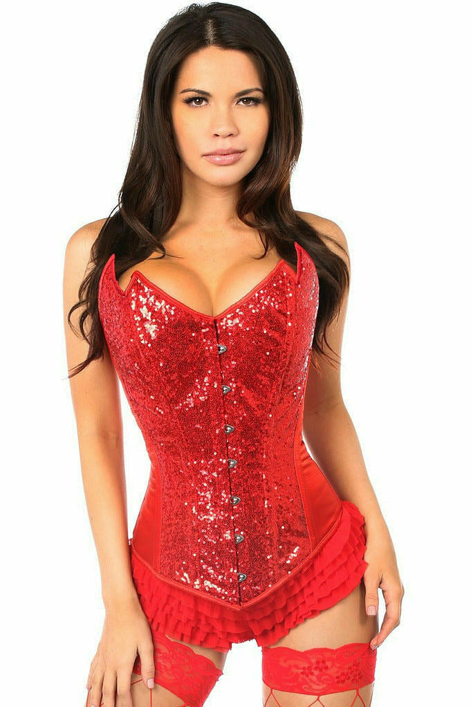 Top Drawer Red Sequin Pointed Top Steel Boned Corset - Lust Charm 